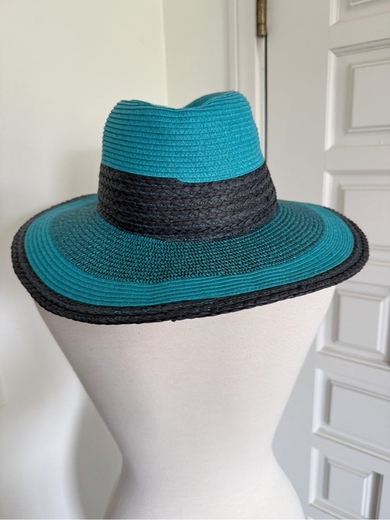 Halogen Tweed Straw Panama Hat Colorblock Teal Black Wide-Brim Sun Protection main image 5